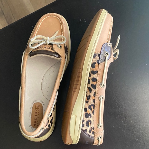 Sperry Leopard-Trim Tan Leather Boat Moccasins - Picture 6 of 7